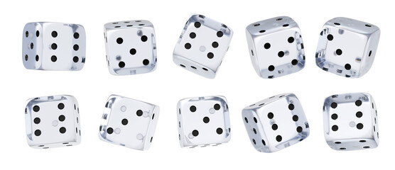 White glass dice set on isolated background. Random rolling dice cubes. Glossy roll cubes for gamble games. 3d rendering