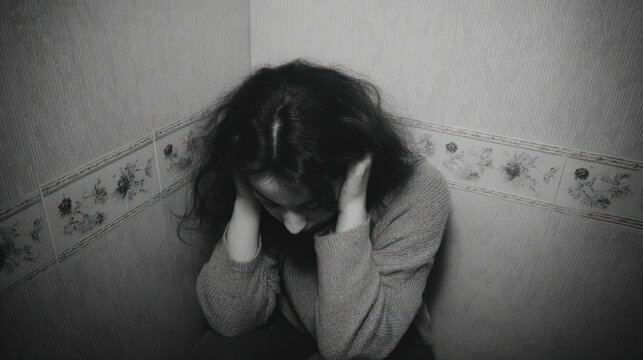 A grayscale image of a woman hunched in a corner