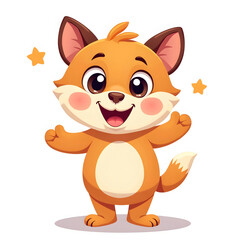 Cute cartoon fox character with large, expressive eyes and a joyful smile. It has orange fur, a white belly, and pink cheeks, giving it a friendly appearance. 