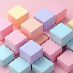 Fototapeta premium Floating 3D cubes in various pastel colors, such as light pink, blue, and lavender, create an isometric pattern against a soft pink background. Each cube appears smooth and evenly sized.