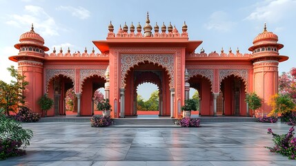 A grand and ornate traditional Indian haveli with intricate arches and courtyards