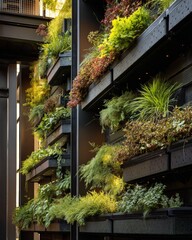 Advanced vertical garden system close-up showing hydroponic medium and automated irrigation with diverse plant selection integrated into building facade captured in soft natural light