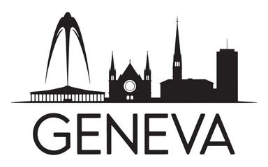 Geneva Skyline Silhouette Black and White Graphic Depiction of Famous Landmark Buildings and Text