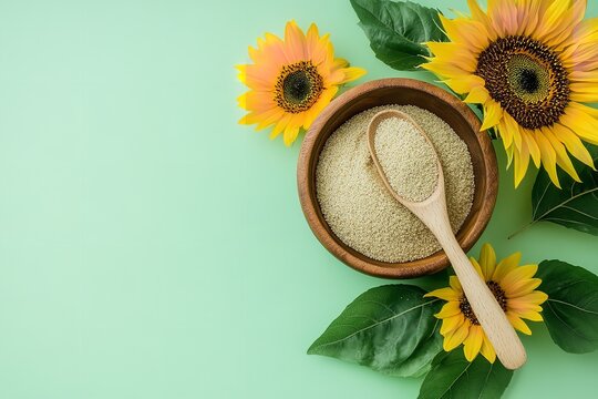 An appetizing vegan dish notion with wood dish with sunflower grits with spoon blooms over pale green setting hue delish food, Generative AI.