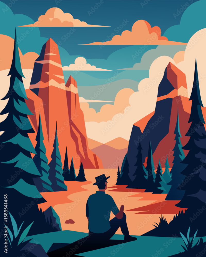 Poster surrounded by towering pines and looming rock formations the freelancer takes a break from their tas