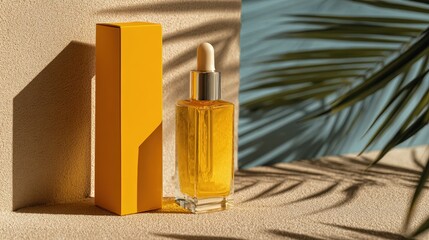 A glass dropper bottle filled with golden liquid next to a yellow box, both casting shadows on a textured surface with palm leaf shadows in the background.