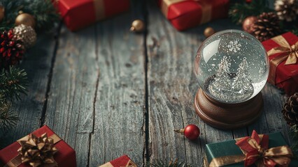 Charming snow globe surrounded by Christmas presents and decorations on a grey wooden tabletop. Area for text.