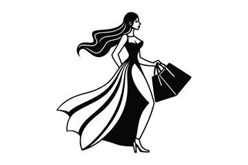 A stylized silhouette of a woman carrying shopping bags, long flowing hair, detailed dress, minimalist design, elegant, black and white, high contrast, digital art, vector illustration