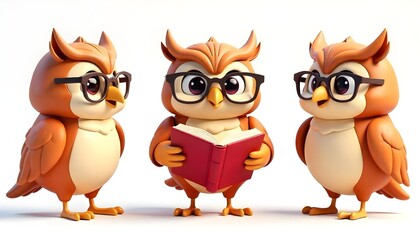 Fototapeta premium 3D Cartoon Wise Owls Reading