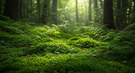 Fototapeta premium Lush Green Forest Floor with Ferns and Moss in Sunlit Woodland