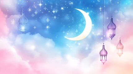 Night sky with hanging lanterns and crescent moon