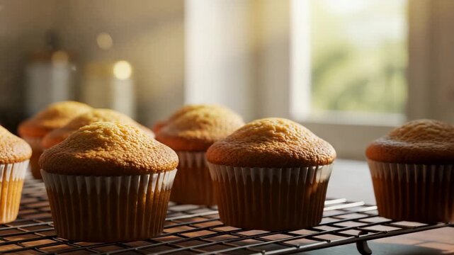Side pan over freshly baked muffins in a row, detailed texture and warm tones, 4K