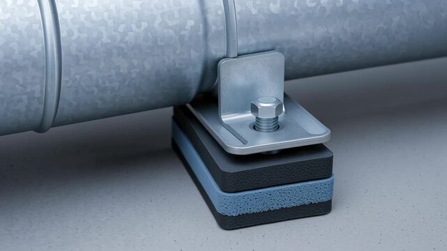 Air duct engineering industry metal pipe support with vibration isolation pad and metal clamp for secure, stable installation reducing noise