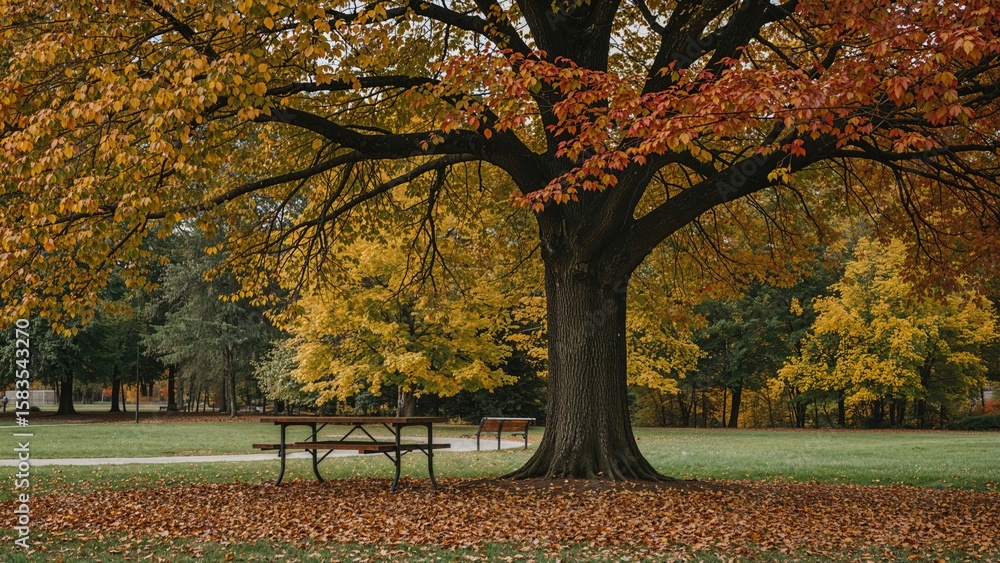 Poster scenic autumn view of a bench and picnic table under a tree showcasing yellow and red leaves.
