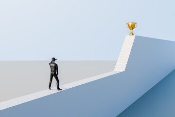The target is in view, efforts to reach a goal: A figurine of a businessman is looking with a binocular up to a golden trophy cup which is on a platform with a lot of steps leading up.