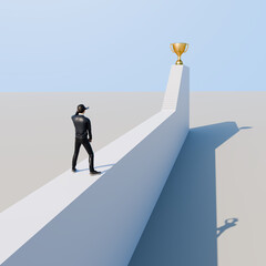 The target is in view, efforts to reach a goal: A figurine of a businessman is looking with a binocular up to a golden trophy cup which is on a platform with a lot of steps leading up.