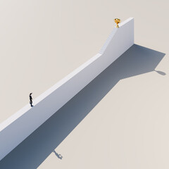 The target is in view, efforts to reach a goal: A figurine of a businessman is looking with a binocular up to a golden trophy cup which is on a platform with a lot of steps leading up.