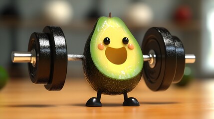 Cartoon avocado lifting barbell with a smiling face on a wooden surface in a close up shot