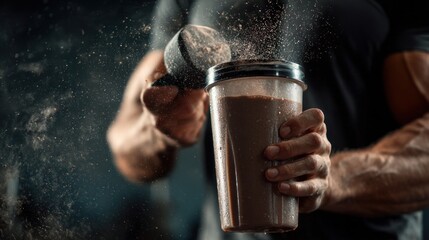 Close-up of a man pouring protein powder into a shaker