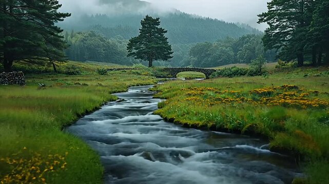 Misty mountain stream with a small stone bridge. Lush greenery surrounds a flowing brook.  A lone tree stands sentinel against a cloudy sky