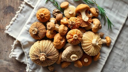 Fototapeta premium mushroom assortment rustic kitchen gourmet food wild mushrooms natural light top-down view organic ingredients foraged mushrooms copy space culinary photography 