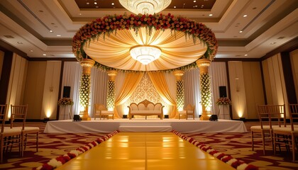 Obraz premium Traditional Indian wedding stage with lotus-shaped mandap, floral ceiling canopy, and golden floor runners