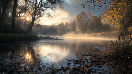Fototapeta premium Mystical Autumn Morning Landscape with Foggy Lake and Golden Sunlight