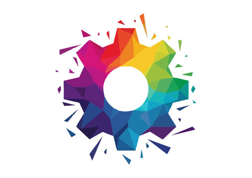 Colorful gear icon with a vibrant rainbow design with copy space