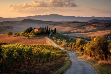 Rolling Tuscan hills, sunlit farmhouse, vineyard, and road create serene landscape view