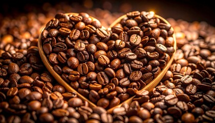 Fototapeta premium Heart-shaped wooden scoop filled with coffee beans