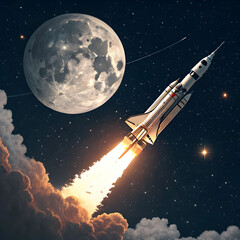 Obraz premium powerful rocket launching toward the moon through starry outer space