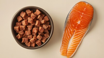 Over pale beige setting dish filled with dried freeze fish bits and chunk of salmon depicts notion of animal diet as vital health hue, Generative AI.