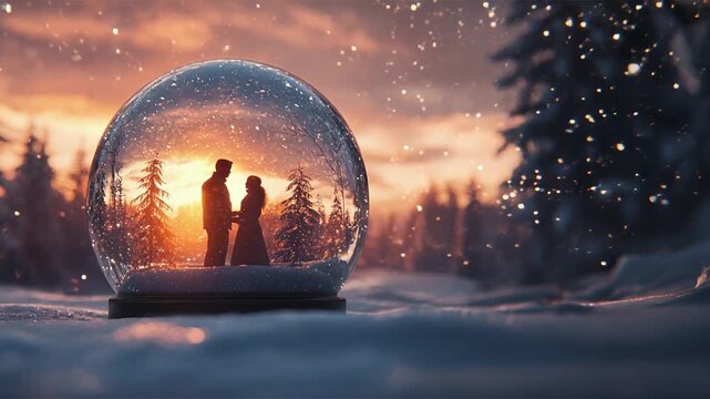 Amor eterno en una bola de nieve: beso bajo la nieve al atardecer