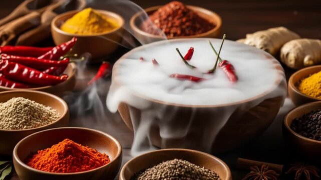 Various Spices In Wooden Bowls And Steaming Chili Peppers On A Dark Table