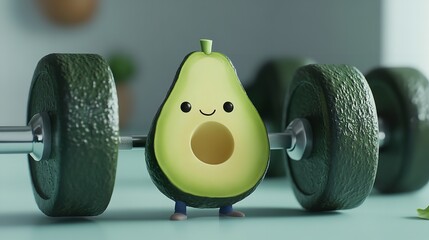 Cartoon avocado lifting weights with a smiling face in a gym setting with dumbbells and a barbell