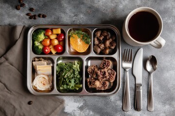 School lunch tray with various foods and coffee