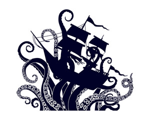 Giant octopus wraps its tentacles around a sailboat. Silhouette of a kraken breaking a ship. Isolated underwater monster drawing. Mythical sea beast tattoo