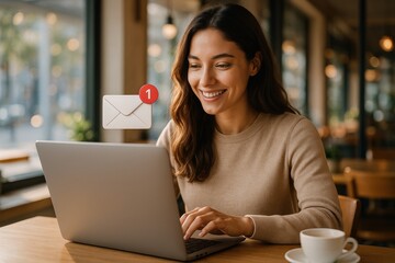 Woman Checking Digital Correspondence: A young professional woman sits in a cafe, engrossed in her laptop as a notification hovers above, representing the arrival of incoming correspondence.