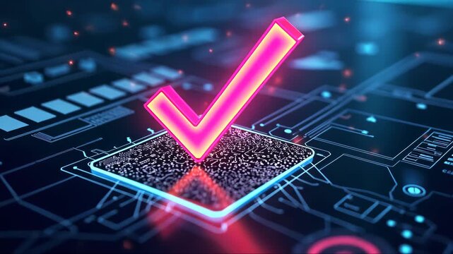 Glowing red check mark is on a computer chip. Concept of approval or validation, as the check mark is often used to indicate that something is correct or satisfactory