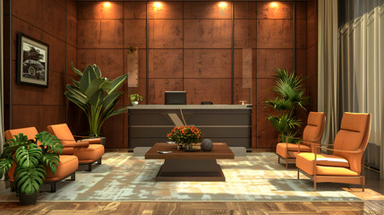 Warm interior waiting area with rust colored walls, reception desk, leather chairs and lush greenery for a calm atmosphere.