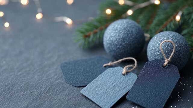 Elegant holiday decorations featuring shimmering ornaments and blank tags for personalization