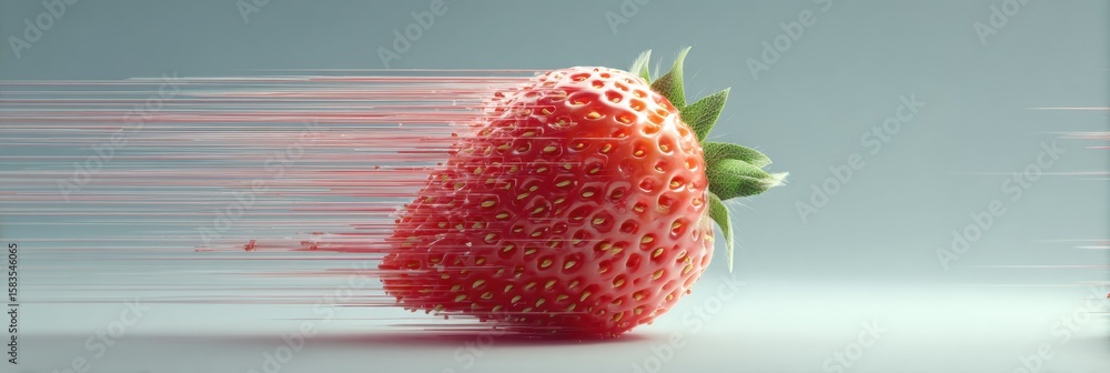 Poster ultra-detailed 3d strawberry with motion blur creating a dynamic sense of speed on a minimalist gray
