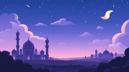 Nighttime cityscape, mosque, clouds