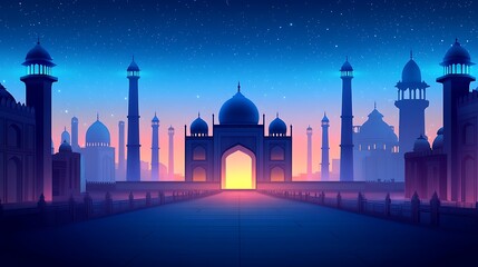Nighttime cityscape of a historical Islamic city