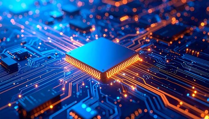 High-tech CPU on circuit board, glowing lines