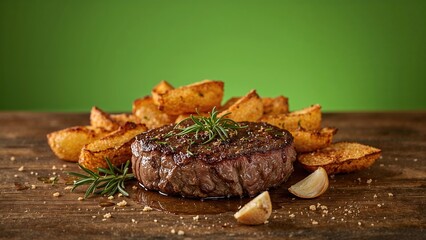 Sous vide beef steak served with potato sticks, rosemary, and garlic, homemade meal
