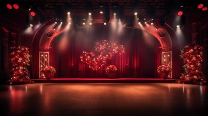 Elegant Red Wedding Stage with Floral Arrangements - A grand stage bathed in warm lighting features stunning red floral arrangements on either side and a large heart-shaped floral centerpiece.