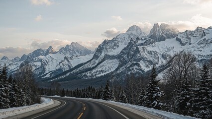 Stunning panorama of a roadway surrounded by lofty snow-covered mountains glowing in a hazy sky
