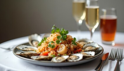 High-end seafood platter with oysters and champagne, captured in photorealistic style with soft lighting and elegant tableware for premium advertising.