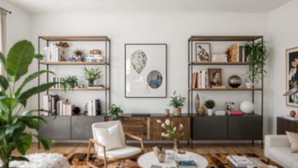 Hazy background of a light-filled and open living area with elegant shelves holding books, decor pieces, and plants, designed to foster a warm and inviting environment.